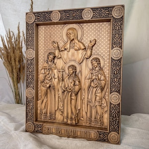Religious icons Saint Sophia and her three daughers Wood Carvings Religious icon, First Communion, Baptism gift, handmade wooden icon