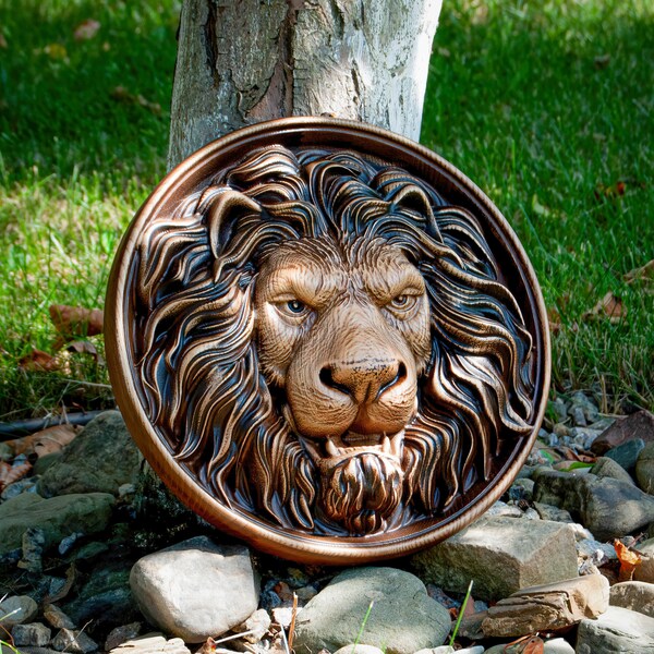 Hand-Carved Lion Head Wood Wall Plaque - Natural Hardwood Aplique For Rustic Home Decor