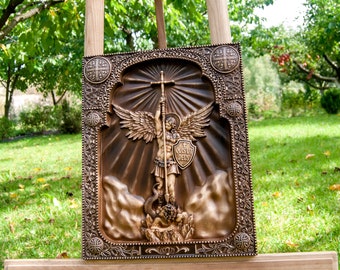 Carved Wood Saint Michael Icon, Archangel Religious Wall Art