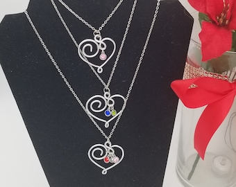 Silver Pendant Necklace, Gift For HerSwirl Heart Wire Wrap plus Birthstone Personalization, for Valentine's Day Gift, Gift for Mother's Day.