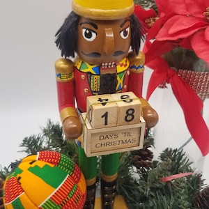 Black Nutcracker, African American Hand Painted Kente Print Ornament, Wood Countdown Christmas Decor, Advent Decoration Or Buy Unfinished