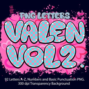 Valen Vol 2. es un tablón de anuncios con archivos PNG de alfabeto y números. Letras de estilo preppy, letras de corazón, imágenes prediseñadas de 300 ppp, fondo de banner gratuito