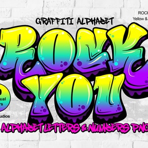 Rock You Yellow Purple color Alphabet letters, numbers & punctuation PNG. file PNG Size A4 300 dpi. transparent background.