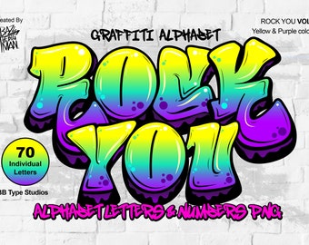 May include: A graffiti-style alphabet in yellow and purple colors, spelling out "ROCK YOU". The letters are stylized with drips and bubbles. The text "GRAFFITI ALPHABET" and "ROCK YOU VOL.3" is also included in the image.