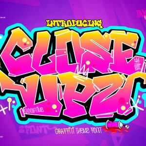 Puede incluir: Una fuente de estilo graffiti llamada "Close Upz" en un esquema de colores rosa brillante, amarillo y azul. La fuente se presenta como un elemento de diseño gráfico con una lata de pintura en aerosol y un jugador de baloncesto.