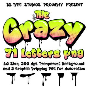 The Crazy Graffiti letters are green-pink in color, 71 letters PNG file Transparent background A4 size 300 dpi A-Z,a-z, 0-9