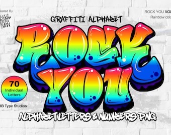 May include: A colorful graffiti alphabet font set with rainbow colors. The word "ROCK YOU" is displayed in a bold, stylized font. The font is available in 70 individual letters and numbers.