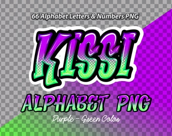 May include: Purple and green gradient alphabet letters in a graffiti style with the word "Kissi" and the text "Alphabet PNG Purple - Green Color".