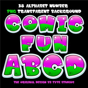 Comic PNG Letters: Purple-Green Alphabet Clip Art (300 dpi)