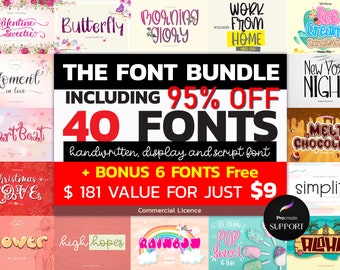 May include: A collage of colourful images featuring various fonts, including "Valentine Sweetie", "Butterfly", "Morning Glory", "Work From Home", "Ice Cream Sandwich", "Moment in Love", "Heart Beat", "Christmas Loves", "Flower", "High Hopes", "Rainbow", "Pop Sweet & Fun", "Melt Chocolate", "New York Night", "Simplify", and "Aloha". The text "THE FONT BUNDLE INCLUDING 95% OFF 40 FONTS handwritten, display and script font + BONUS 6 FONTS Free £ 181 VALUE FOR JUST £9 Commercial Licence" is displayed in large, bold letters.