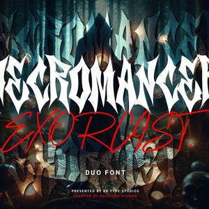 May include: A white font design with the words "(NECROMANCER) EXORUST" in a gothic style. The font is presented as a duo font, with the words "DUO FONT" in a smaller font below. The image also includes the text "PRESENTED BY BB TYPE STUDIOS" and "CREXTED BY BAZZ THE BIGMAN".