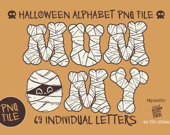 Halloween Mummy Alphabet PNG: A-Z Letters & Numbers (A4, 300 dpi)