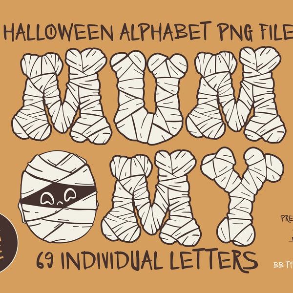 Halloween MUMMY Alphabet letters, A-Z, a-z, and numbers PNG. file PNG Size A4 300 dpi. transparent background.