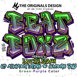 Beat Boxz Green Purple color Alphabet letters & numbers PNG file Transparent Background Graffiti letters, Color letter A-Z, Instant Download