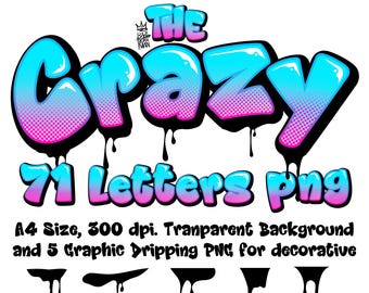 Letras de grafite malucas em PNG: Azul-Rosa, 71 letras de A a Z (Download digital)