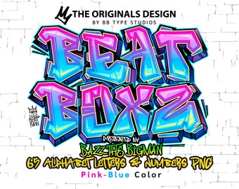 Alfabeto de grafite PNG: Letras e números rosa e azul (Download digital)