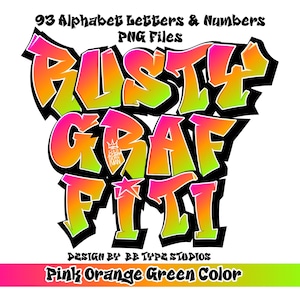 Puede incluir: Diseño gráfico digital con las palabras "RUSTY GRAFITI" en estilo graffiti. El diseño incluye 93 letras y números del alfabeto en archivos PNG. La combinación de colores es rosa, naranja y verde, con un contorno negro.
