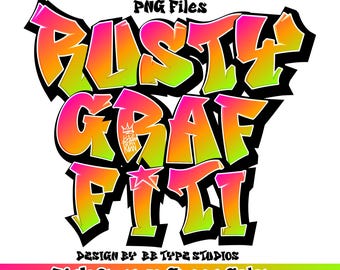 May include: A digital graphic design featuring the words "RUSTY GRAFITI" in a graffiti style. The design includes 93 alphabet letters and numbers in PNG files. The color scheme is pink, orange, and green, with a black outline.