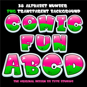 Comic PNG Letters: Pink-Green Alphabet Clip Art (300 dpi)
