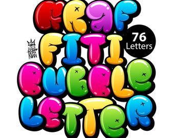 May include: Colorful bubble letters in a graffiti style, with a red, yellow, blue, green, pink, and orange color scheme. The letters spell out "CRAF FITI BUBBLE LETTER" and there is a black circle with white text that says "76 Letters".