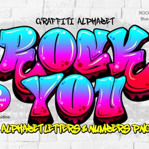 Rock You Blue Pink cor Letras, números e pontuação do alfabeto PNG. arquivo PNG Tamanho A4 300 dpi. fundo transparente.