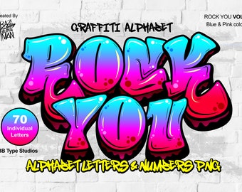 May include: A graffiti alphabet font in blue and pink colors, with the word "ROCK YOU" in large, stylized letters. The font is available as 70 individual letters and numbers.