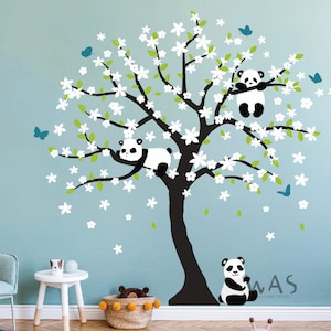 Panda Bear Tree Wall Decal ,3 Playful Pandas Bear on Cherry Blossom Tree Wall Sticker, Tree Wall Sticker Nursery Room Wall Decor