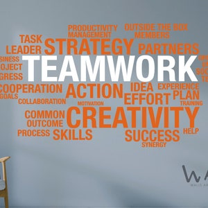 May include: Orange and white word cloud wall decal with the word "Teamwork" in the center. The words "Creativity", "Success", "Action", "Effort", "Collaboration", "Productivity", "Strategy", "Partners", "Idea", "Experience", "Plan", "Training", "Help", "Synergy", "Common Outcome", "Process Skills", "Goals", "Motivation", "Group", "United", "Social Team", "Task", "Leader", "Business", "Project", "Progress", "Outside the Box", "Members" are also included in the word cloud. The words "WAS Walls Art Studio" are at the bottom of the image.