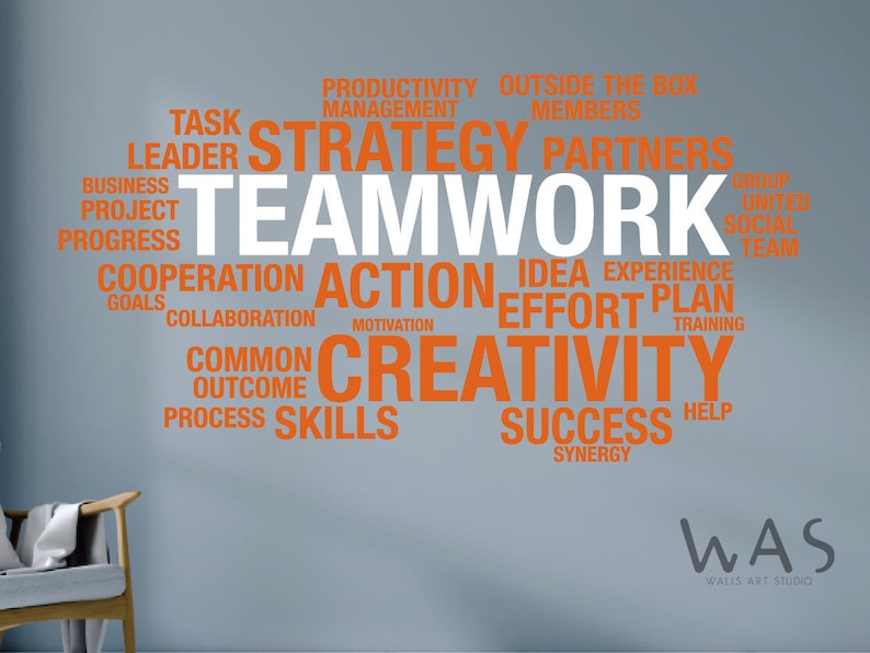 May include: Orange and white word cloud wall decal with the word "Teamwork" in the center. The words "Creativity", "Success", "Action", "Effort", "Collaboration", "Productivity", "Strategy", "Partners", "Idea", "Experience", "Plan", "Training", "Help", "Synergy", "Common Outcome", "Process Skills", "Goals", "Motivation", "Group", "United", "Social Team", "Task", "Leader", "Business", "Project", "Progress", "Outside the Box", "Members" are also included in the word cloud. The words "WAS Walls Art Studio" are at the bottom of the image.