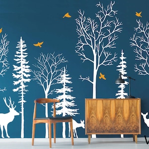 Winter Trees  Wall Decal, Nursery Deers Forest Removable Pine Trees Vinyl Sticker for Kids Bedroom Decor, Nursery Bedroom Peel Sticker