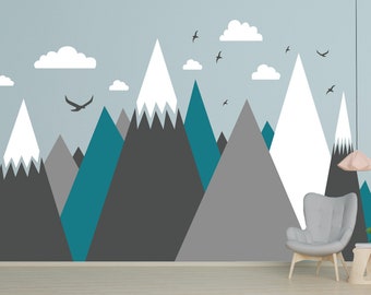 Sticker mural montagnes, décoration d'intérieur pour chambre d'enfants, stickers montagnes avec oiseaux, stickers montagne en vinyle