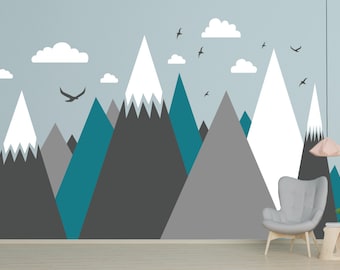 Sticker mural montagnes, décoration d'intérieur pour chambre d'enfants, stickers montagnes avec oiseaux, stickers montagne en vinyle