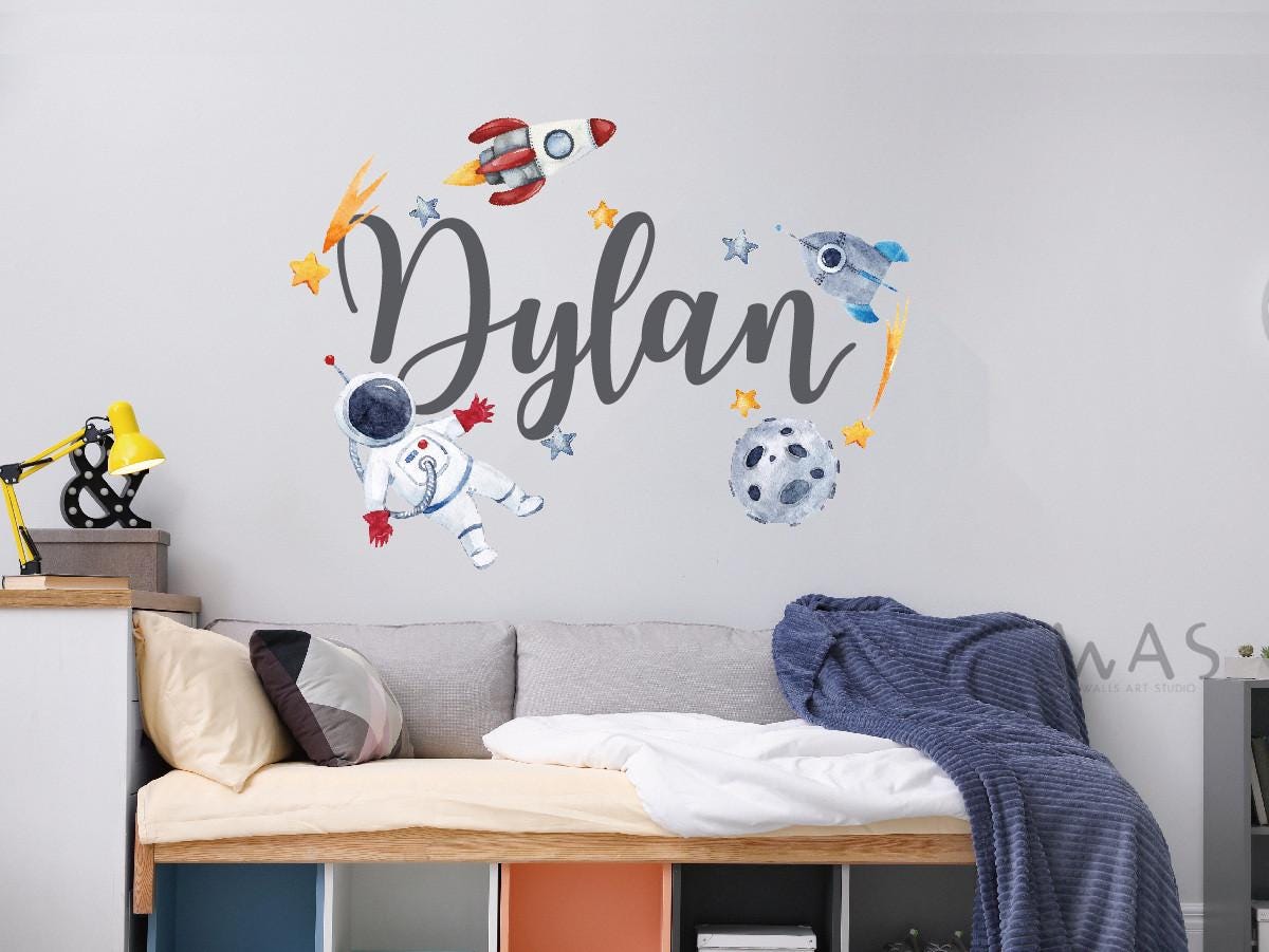 Personalisiertes Wandaufkleber-Set – Rakete & Sterne Mit Namen, Für Jungenzimmer, 80x40 Cm, Selbstklebend