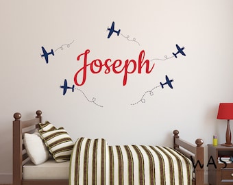 Personalized Name Wall Decal, Airplane Wall Decal, Boys Room Decor, Plane wall sticker,Plane Decal - Airplane Room Decor - Biplane Wall Art