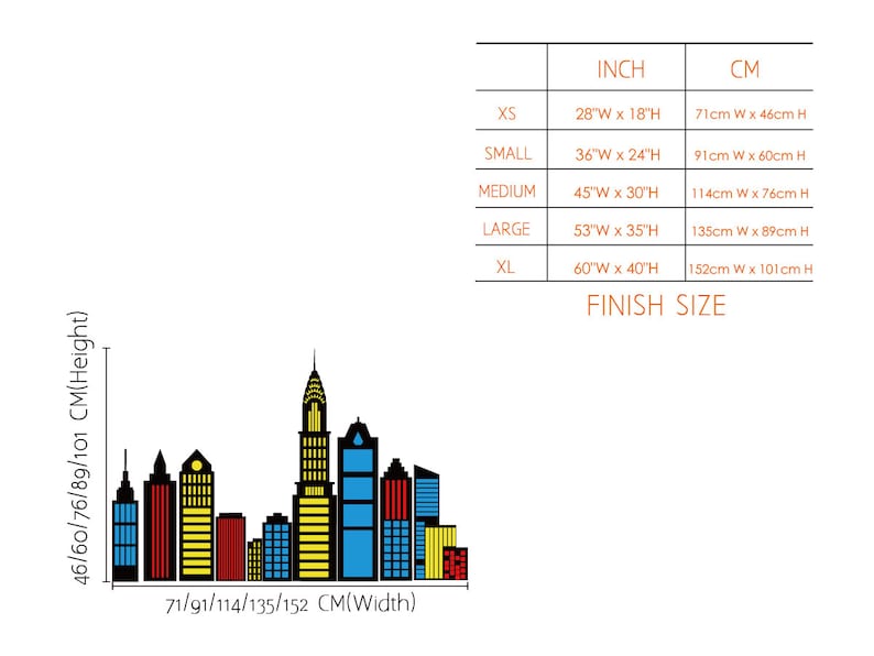 May include: A chart showing the different sizes of a product, with measurements in inches and centimeters. The chart shows the width and height of the product in both inches and centimeters. The chart is labeled "Finish Size".