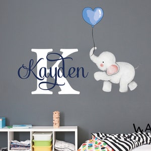 Cute Elephant With Balloon Wall Stickers, Custom Girl Boy Name & Initial Wall Decal,Personlized Kids Name With Elephant for Baby Room Wall