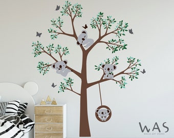 Adesivo KoalaTree della scuola materna, simpatico Koala sdraiato sull'albero adesivo in vinile, decorazioni per la casa per la camera da letto del bambino, adesivi murali dell'albero della scuola materna