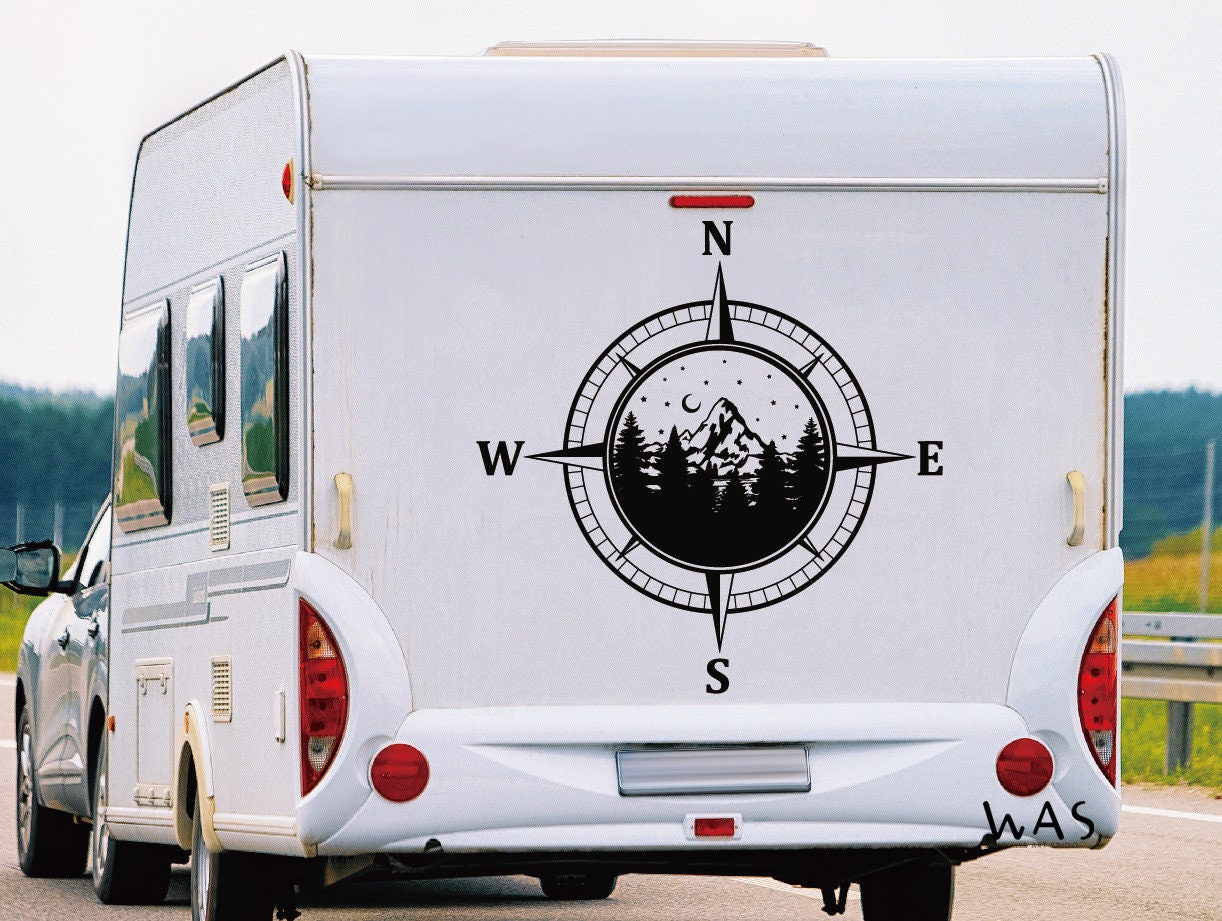 Motorhome Compass with mountains decal,mountain decal,Adventure Decal Exploring Decal,Window Decal, outdoors Decal  Compass Hood Car Decal