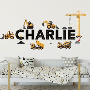 Personalized Name With Construction Trucks Wall Decals, Custom Construction Road Style Name With Diggers Wall Stickers, Boy Room wall Decals