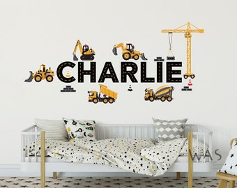 Personalized Name With Construction Trucks Wall Decals, Custom Construction Road Style Name With Diggers Wall Stickers, Boy Room wall Decals