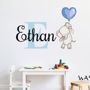 Colorful Flying Balloon With Cute Elephant Wall Decals, Custom Name&Initial Wall Stickers,Cartoon Vinyl for Kids Nursery Bedroom Play Room
