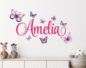 Stickers muraux prénom personnalisé pour chambre de fille, stickers papillons - Sticker prénom personnalisé, décoration murale bébé fille