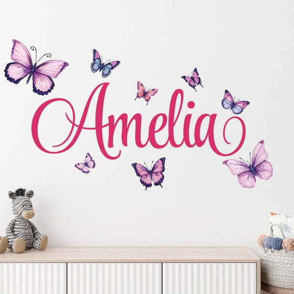 Stickers muraux prénom personnalisé pour chambre de fille, stickers papillons - Sticker prénom personnalisé, décoration murale bébé fille