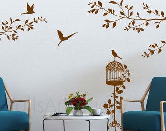 Birdcage With Branches Wall Decals, Nursery Birds Vinyl Wall Stickers, Bedroom Wall Decor