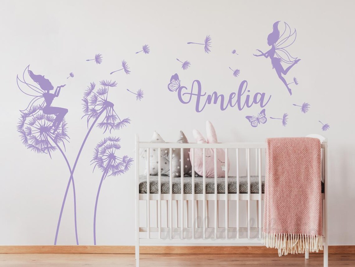 Personalized Girl Name With Fairy Dandelion Butterflies Floral Wall ...