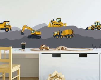 Construction Vehicles Trucks Tractor Cars Wall Stickers,Construction Site Cars Island Wall Decals Kids Boys Bedroom Kids Playroom Wall Decor