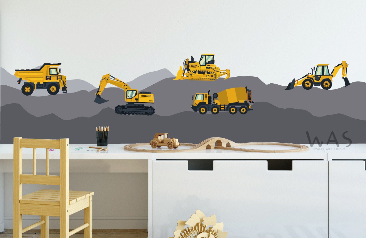 Construction Vehicles Trucks Tractor Cars Wall Stickers,Construction Site Cars Island Wall Decals Kids Boys Bedroom Kids Playroom Wall Decor