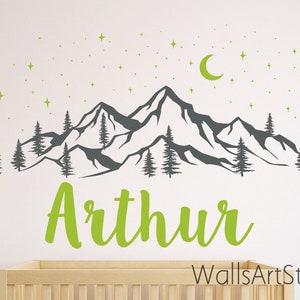 Mountain With Name Decal, Mountains Wall Sticker,Home Decor For Kids Room Nursery ,Moutains With moon  Decals, Moutains Vinyl Decals