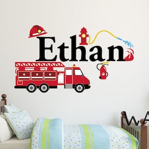 Custom Name Firetruck Wall Decal - Boys Wall Decal - Nursery Wall Decals - Fire Truck Vinyl Wall Art Decor Sticker-Kids Wall Decal
