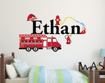 Custom Name Firetruck Wall Decal - Boys Wall Decal - Nursery Wall Decals - Fire Truck Vinyl Wall Art Decor Sticker-Kids Wall Decal